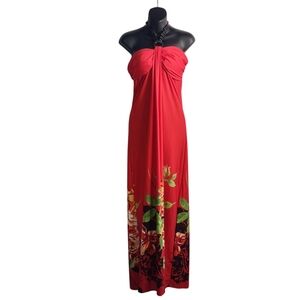 Takara Women's Red Floral Print Stretch Tie Neck Maxi Dress Size Large